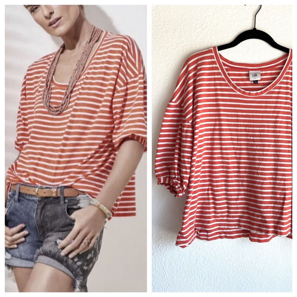 CAbi Poolside Coral Orange Striped Puff-Sleeve Scoop Neck Oversized T-Shirt Sz S